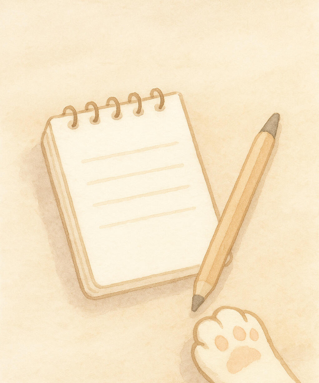 an open notebook with a double-tipped pencil and a cat's paw