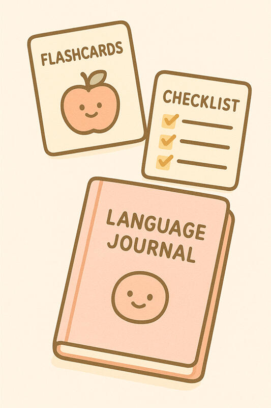flashcards, checklists, and language journal--ID materials--tumble down